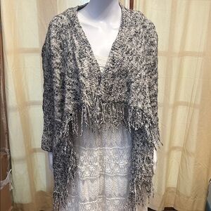 Black, Gray and White Fringe Shawl like sweater